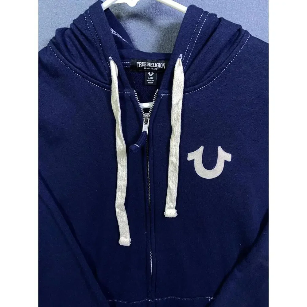 True Religion USA Blue Navy Full Zip Big Buddha Logo Hoodie Large Streetwear EUC